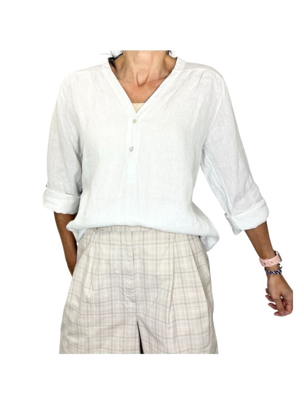 Rosemarine Italy 100% linen oversize white long sleeve henley tunic top blouse S